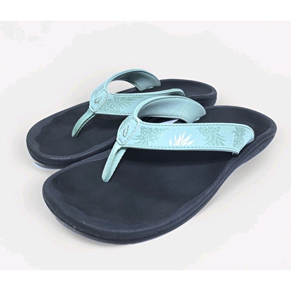 Olukai Ohana Blue Women's Size 8 Slides Sandals Flip Flops Black Beach Pineapple